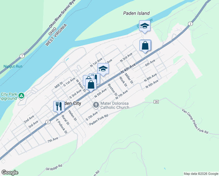 map of restaurants, bars, coffee shops, grocery stores, and more near 146 Boston St in Paden City