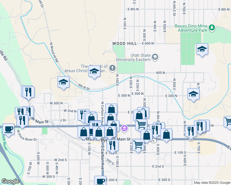 map of restaurants, bars, coffee shops, grocery stores, and more near 343 North 100 East in Price