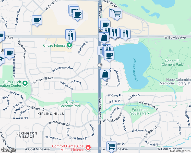 map of restaurants, bars, coffee shops, grocery stores, and more near 6218 South Carr Court in Littleton
