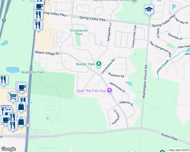 map of restaurants, bars, coffee shops, grocery stores, and more near 10030 Broken Woods Drive in Miamisburg