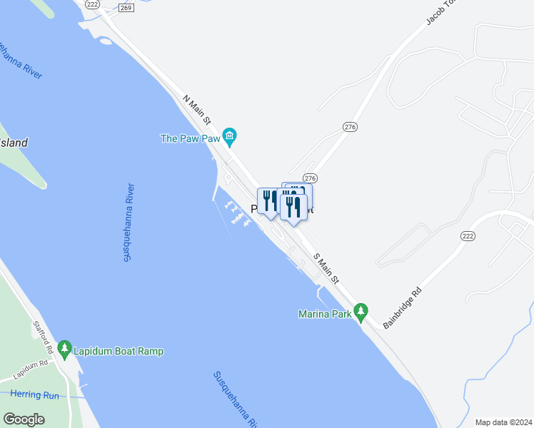map of restaurants, bars, coffee shops, grocery stores, and more near 514 Rowland Drive in Port Deposit
