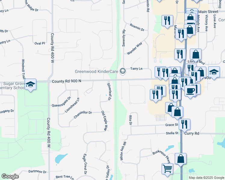 map of restaurants, bars, coffee shops, grocery stores, and more near 769 Silverleaf Drive in Greenwood