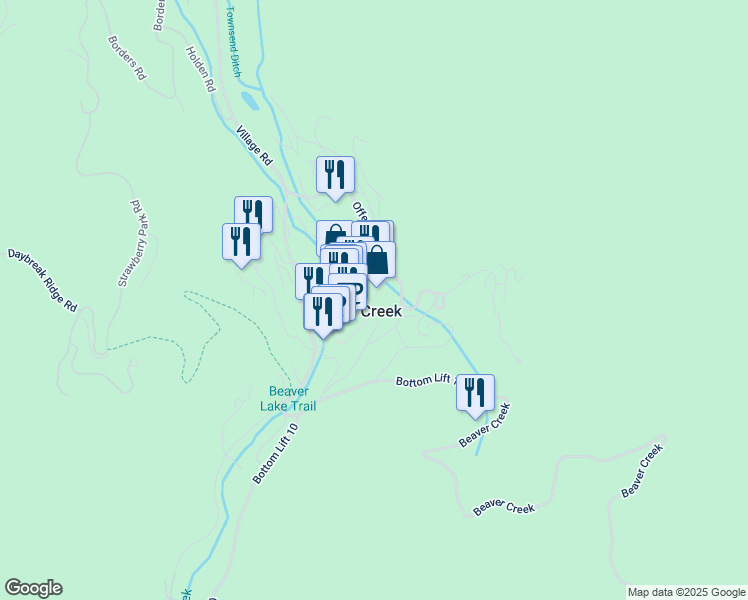 map of restaurants, bars, coffee shops, grocery stores, and more near 136 East Thomas Place in Beaver Creek