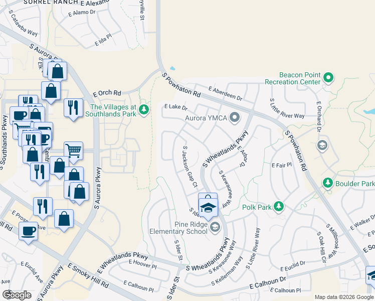 map of restaurants, bars, coffee shops, grocery stores, and more near 6183 South Jackson Gap Court in Aurora