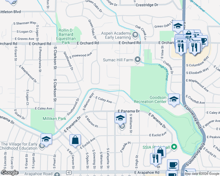 map of restaurants, bars, coffee shops, grocery stores, and more near 1454 East Fair Place in Centennial