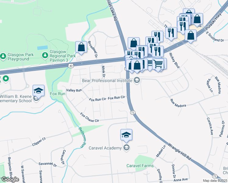 map of restaurants, bars, coffee shops, grocery stores, and more near 214 Skeet Circle West in Bear