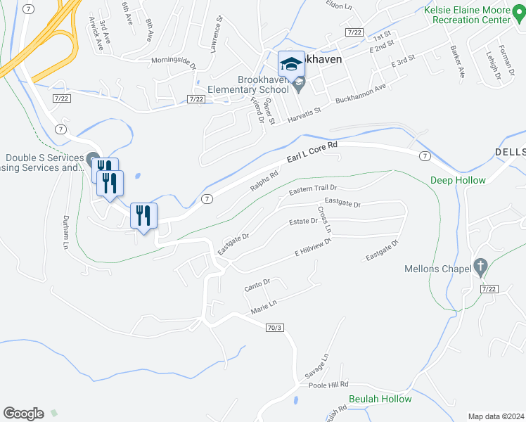 map of restaurants, bars, coffee shops, grocery stores, and more near Deckers Creek Trail in Morgantown