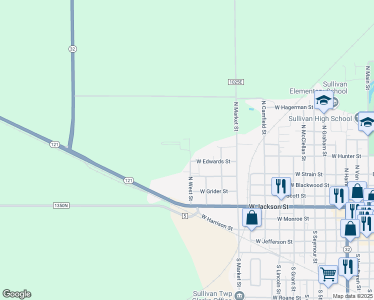 map of restaurants, bars, coffee shops, grocery stores, and more near 599 North West Street in Sullivan