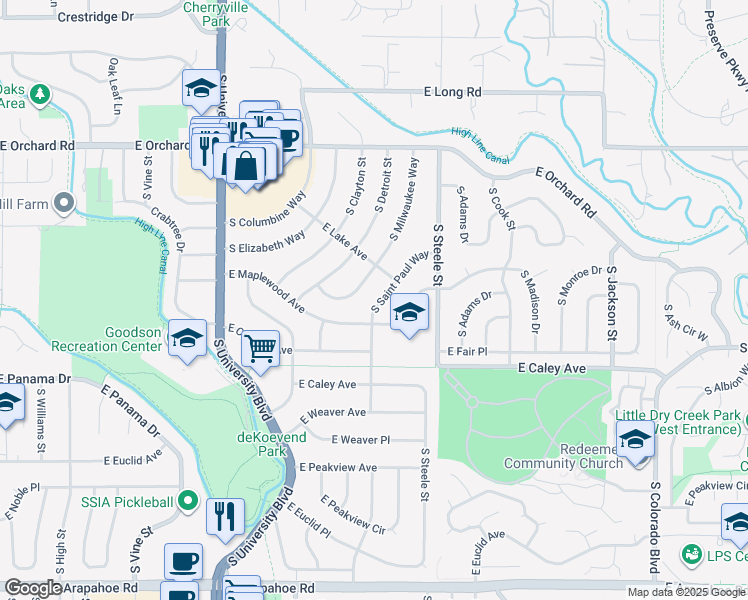 map of restaurants, bars, coffee shops, grocery stores, and more near 6077 South Saint Paul Way in Centennial