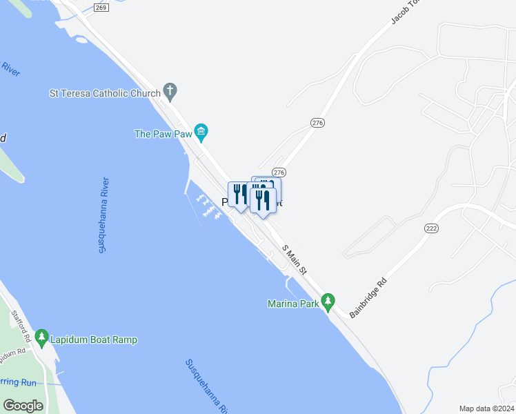 map of restaurants, bars, coffee shops, grocery stores, and more near 8 South Main Street in Port Deposit