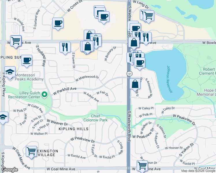map of restaurants, bars, coffee shops, grocery stores, and more near 6176 South Dover Street in Littleton