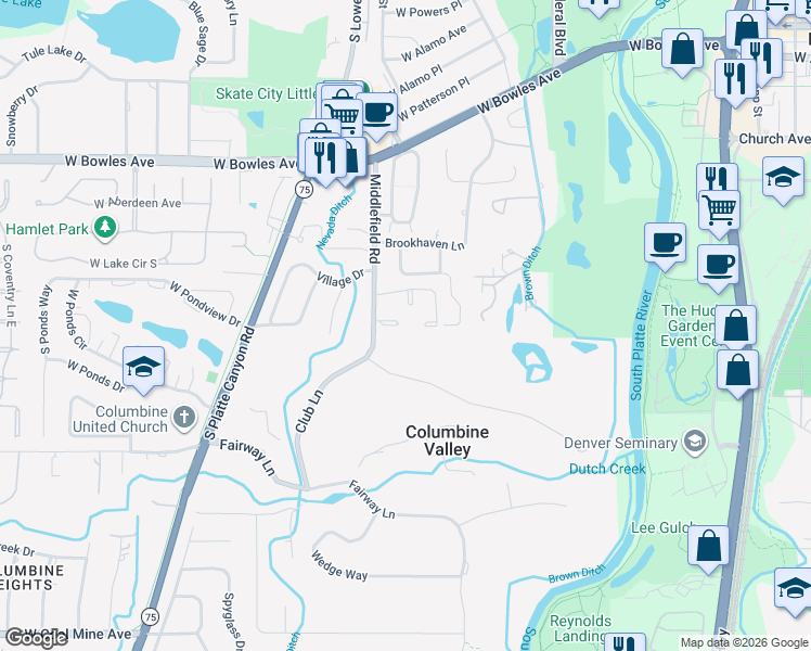 map of restaurants, bars, coffee shops, grocery stores, and more near 2 Par Circle in Littleton