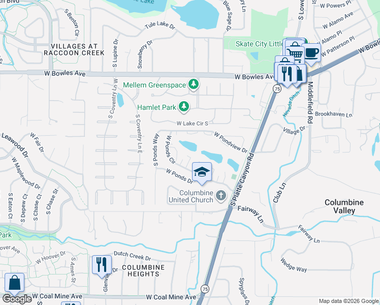 map of restaurants, bars, coffee shops, grocery stores, and more near 4547 West Ponds Circle in Littleton