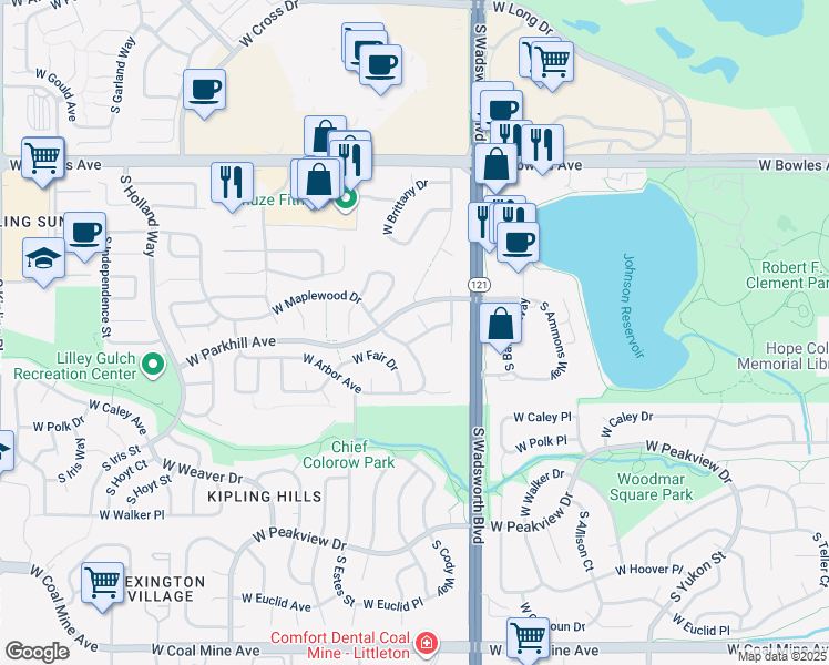 map of restaurants, bars, coffee shops, grocery stores, and more near 8579 West Fair Avenue in Littleton