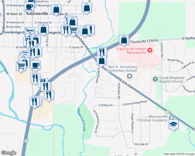 map of restaurants, bars, coffee shops, grocery stores, and more near 301 Springmill Drive in Mooresville