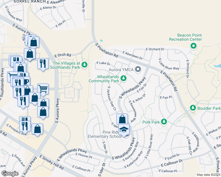 map of restaurants, bars, coffee shops, grocery stores, and more near 6183 South Jackson Gap Court in Aurora