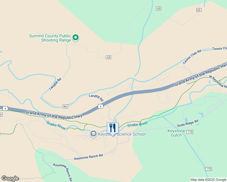map of restaurants, bars, coffee shops, grocery stores, and more near 98 Wayback Drive in Keystone