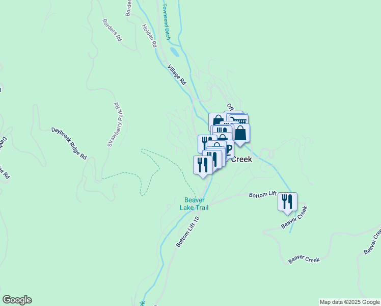 map of restaurants, bars, coffee shops, grocery stores, and more near 46 Red Spruce Lane in Edwards