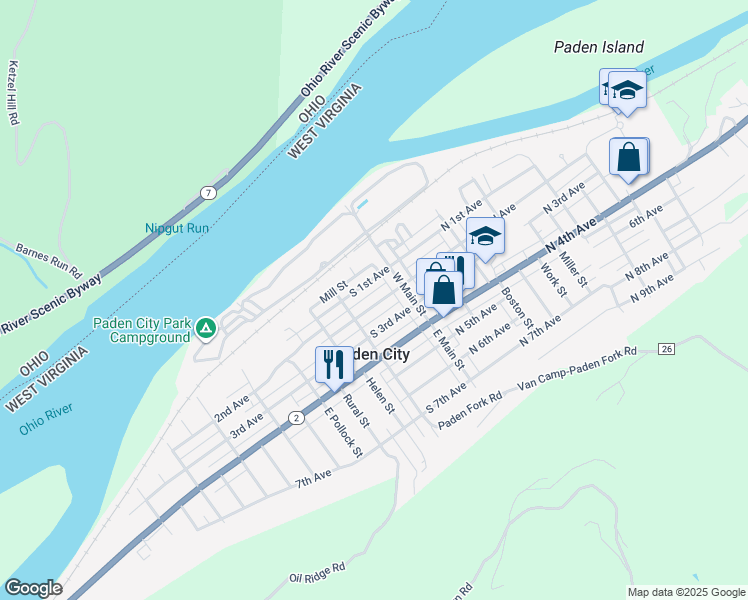 map of restaurants, bars, coffee shops, grocery stores, and more near 123 S 2nd Ave in Paden City