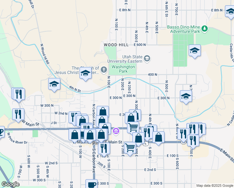 map of restaurants, bars, coffee shops, grocery stores, and more near 151 East 300 North in Price