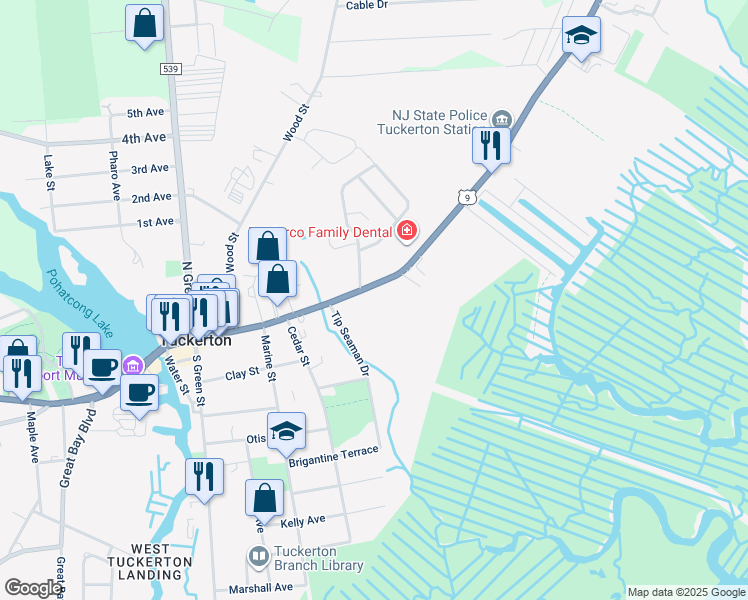 map of restaurants, bars, coffee shops, grocery stores, and more near 326 East Main Street in Tuckerton