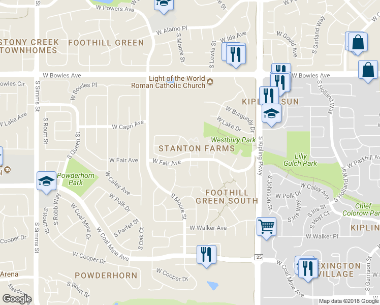 map of restaurants, bars, coffee shops, grocery stores, and more near 10047 West Parkhill Drive in Littleton