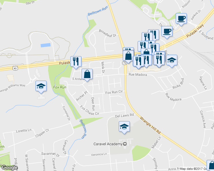 map of restaurants, bars, coffee shops, grocery stores, and more near 316 Skeet Avenue in Bear