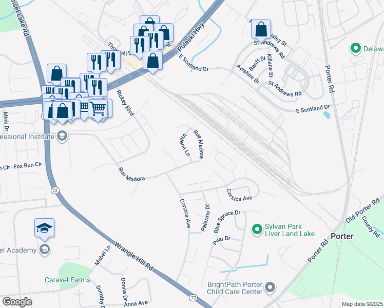 map of restaurants, bars, coffee shops, grocery stores, and more near 113 Valerie Lane in Bear