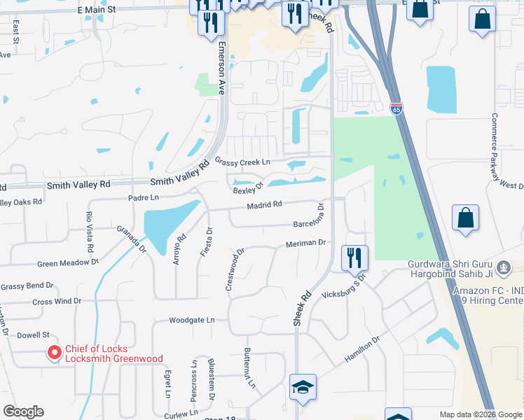 map of restaurants, bars, coffee shops, grocery stores, and more near 1085 Madrid Road in Greenwood