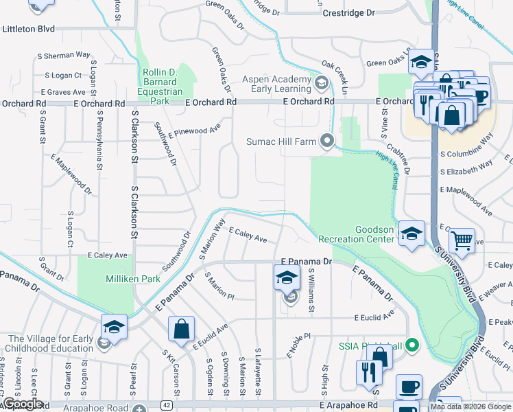 map of restaurants, bars, coffee shops, grocery stores, and more near 1454 East Fair Place in Centennial