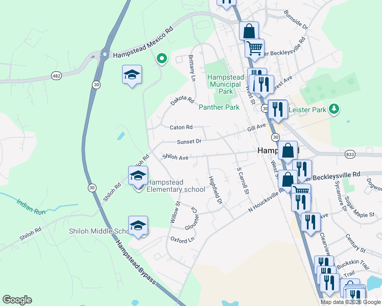 map of restaurants, bars, coffee shops, grocery stores, and more near 3908 Shiloh Avenue in Hampstead