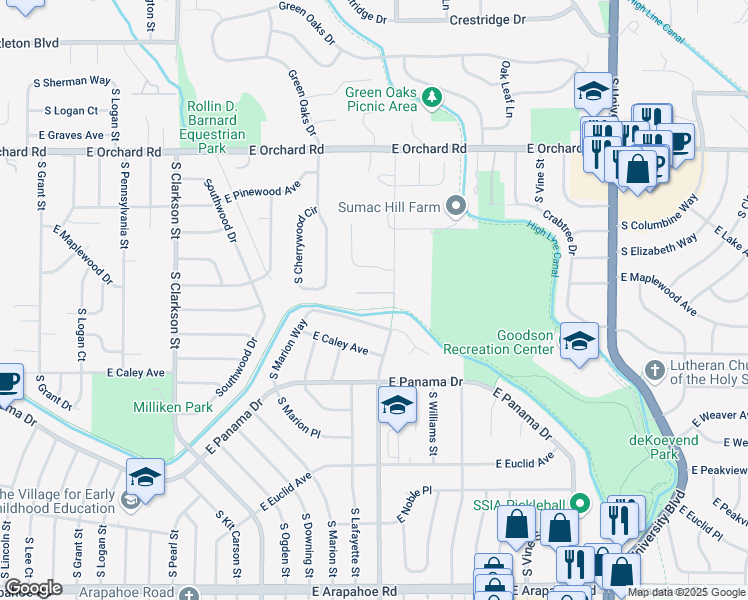 map of restaurants, bars, coffee shops, grocery stores, and more near 1576 East Fair Place in Centennial