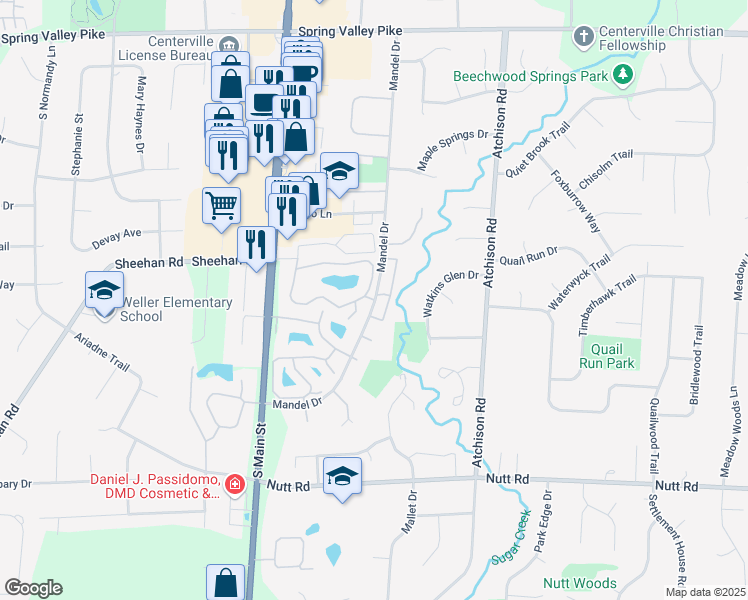 map of restaurants, bars, coffee shops, grocery stores, and more near 500 Mooring Lane in Dayton