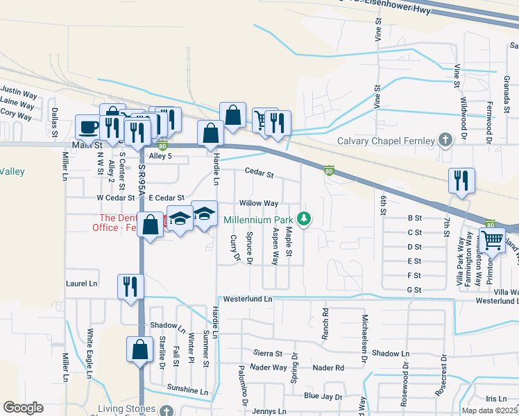 map of restaurants, bars, coffee shops, grocery stores, and more near 495 Willow Way in Fernley