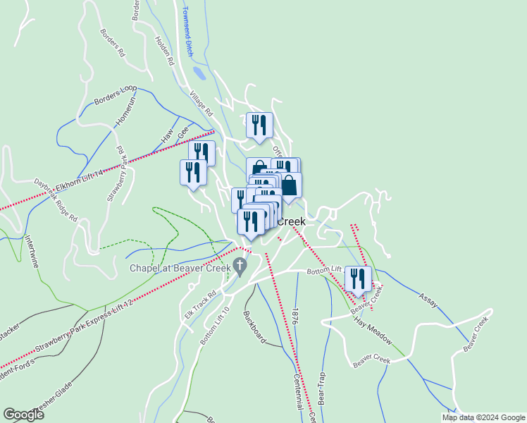 map of restaurants, bars, coffee shops, grocery stores, and more near 107-145 Avondale Ln in Beaver Creek