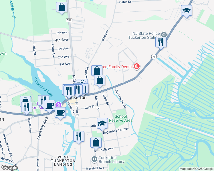 map of restaurants, bars, coffee shops, grocery stores, and more near 227 East Main Street in Tuckerton