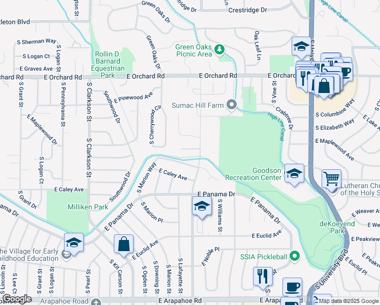 map of restaurants, bars, coffee shops, grocery stores, and more near 1576 East Fair Place in Centennial