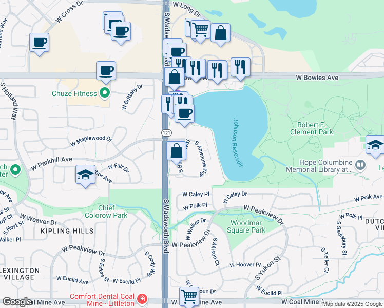map of restaurants, bars, coffee shops, grocery stores, and more near 6165 South Ammons Way in Littleton