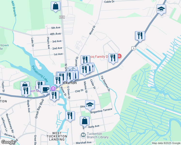 map of restaurants, bars, coffee shops, grocery stores, and more near 227 East Main Street in Tuckerton