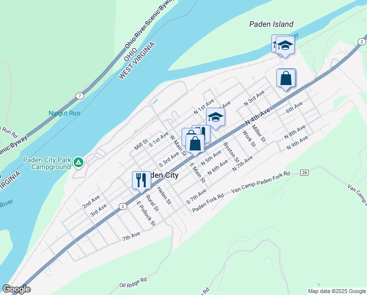 map of restaurants, bars, coffee shops, grocery stores, and more near 101 North 4th Avenue in Paden City