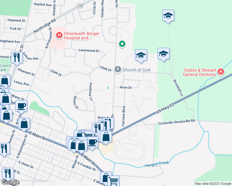 map of restaurants, bars, coffee shops, grocery stores, and more near 502 Tower Court in Circleville