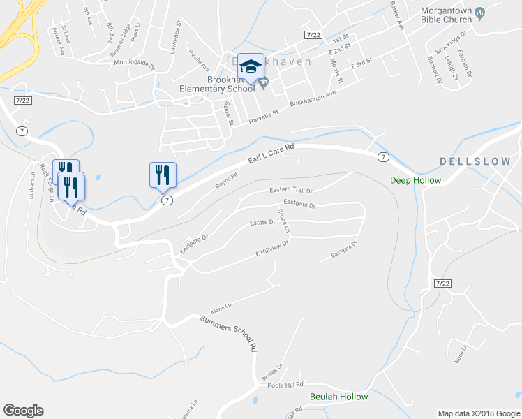 map of restaurants, bars, coffee shops, grocery stores, and more near 136 Eastgate Dr in Morgantown