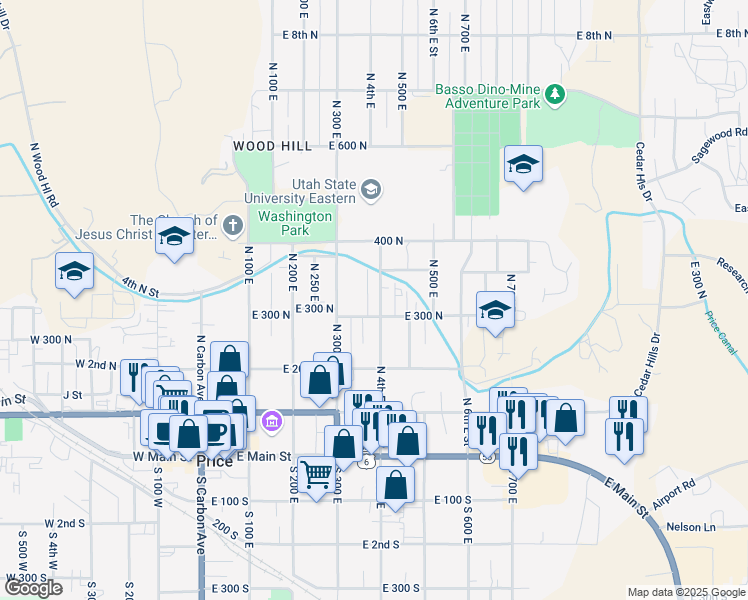 map of restaurants, bars, coffee shops, grocery stores, and more near 331 North 4th East in Price