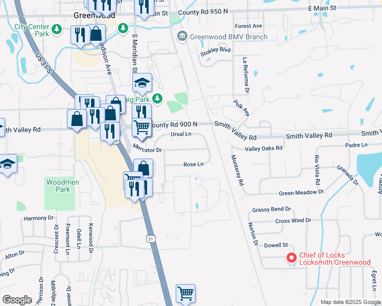 map of restaurants, bars, coffee shops, grocery stores, and more near 123 Mercator Drive in Greenwood