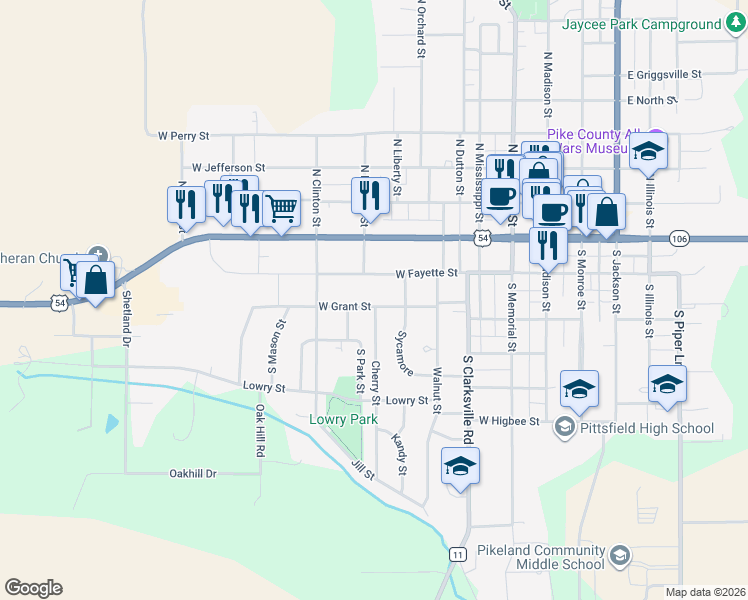 map of restaurants, bars, coffee shops, grocery stores, and more near 538 West Grant Street in Pittsfield