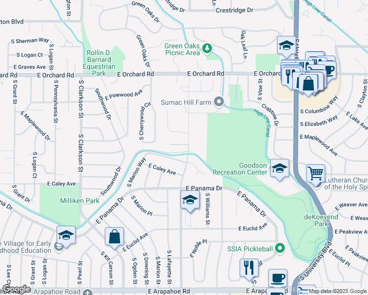 map of restaurants, bars, coffee shops, grocery stores, and more near 1576 East Fair Place in Centennial