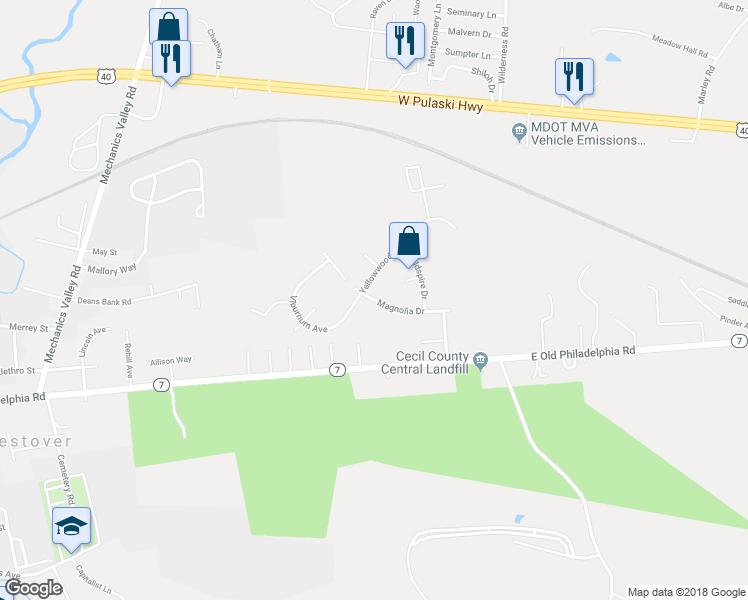 map of restaurants, bars, coffee shops, grocery stores, and more near 220 Magnolia Drive in Elkton
