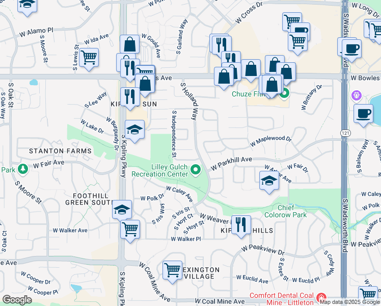 map of restaurants, bars, coffee shops, grocery stores, and more near 9559 West Maplewood Place in Littleton