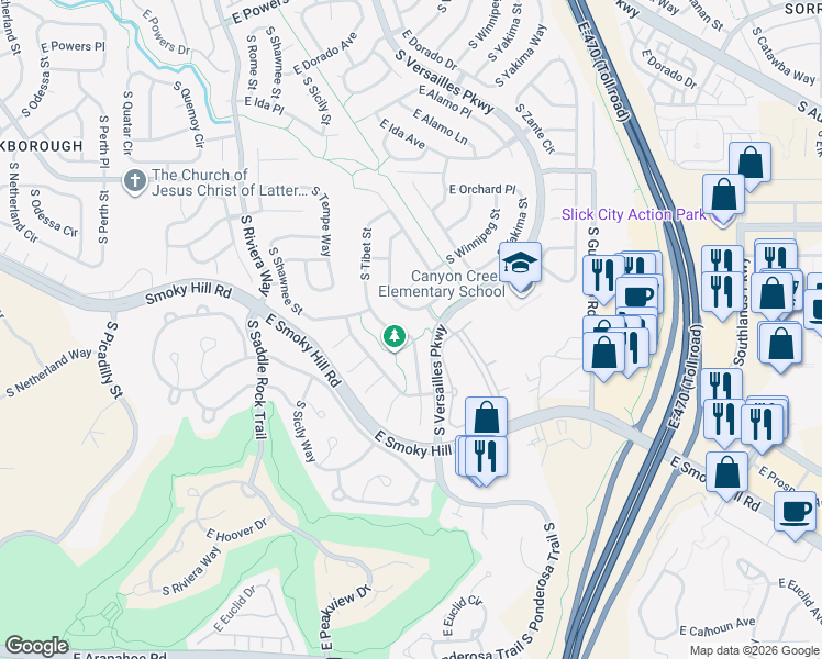 map of restaurants, bars, coffee shops, grocery stores, and more near 22755 East Maplewood Lane in Aurora
