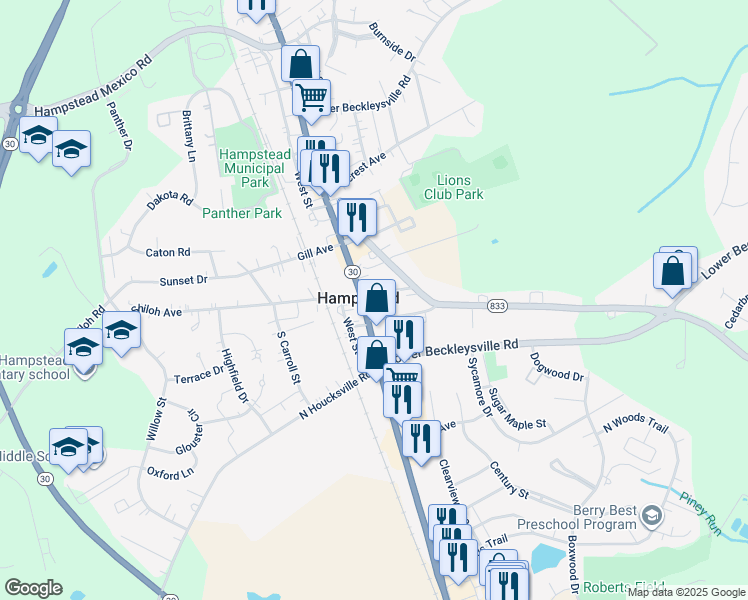 map of restaurants, bars, coffee shops, grocery stores, and more near 1111 South Main Street in Hampstead